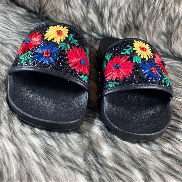 𝅺freda Floral Bright Daisy Slide Sandal Slip On Black Glitter 7 - Picture 6 of 11